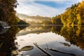 Lake fog landscape with Autumn foliage and tree reflections in Styria, Thal, Austria