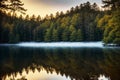 Lake with forest reflection and misty sky