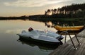 Lake and forest in sunset, picturesque photo background