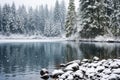 lake with forested shoreline under snowfall