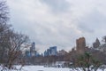 Lake in frozen central park with view of city in background, New York. Royalty Free Stock Photo