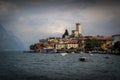 Lake Garda Italy boats, Malcesine Castle and old town Royalty Free Stock Photo