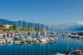 Lake Geneva landscape with boats and the alps in the background Royalty Free Stock Photo