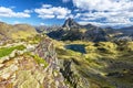 Lake Gentau and the famous Pyrenean peak Midi Ossau as seen from the mountain pass Ayous in Octber. Atlantic Pyrenees, Bearn,