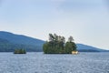 Lake George NY with Islands and Yellow Boathouse with Dock Royalty Free Stock Photo