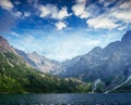 Lake Hallstatt under beautiful white clouds in blue sky.