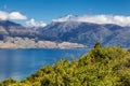 Lake Hawea view and high mountains in the clouds, New Zealand Royalty Free Stock Photo