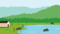 Lake, house, and forest flat vector nature landscape background Royalty Free Stock Photo
