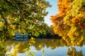 Lake House Landscape Surrounded By Colorful Fall Trees In Autumn Royalty Free Stock Photo