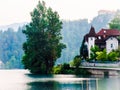 Lake house on the side of Bled lake. Tree, Lake and house.