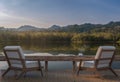 Lake house terrace and beautiful nature view 3d rendering image Royalty Free Stock Photo