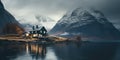 lake houses, scandinavian style. Minimalism. Image for poster. Generative AI Royalty Free Stock Photo