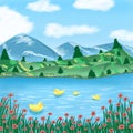 A peaceful scenery of mountain, lake, hill, ducks and plants. Royalty Free Stock Photo