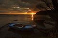 Lake Isikli located in Civril province of Denizli city,Turkey.Small fishing boats are in the frame. Royalty Free Stock Photo