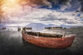 Lake Isikli located in Civril province of Denizli city,Turkey.Small fishing boats are in the frame. Royalty Free Stock Photo