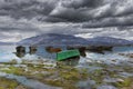 Lake Isikli located in Civril province of Denizli city,Turkey.Small fishing boats are in the frame. Royalty Free Stock Photo