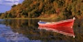 Lake Isikli located in Civril province of Denizli city,Turkey.Small fishing boats are in the frame. Royalty Free Stock Photo