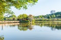 Lake, island,  green forest and Chinese traditional pavilion against blue sky in longtan Park, Longgang, Shenzhen, China Royalty Free Stock Photo