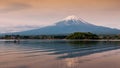 lake Kawaguchiko with mt. fuji and reflection at dawn, Japan Royalty Free Stock Photo