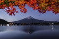 Fuji mountain and Red Maple Leaves in autumn at Night , Lake Kawaguchiko , Japan Royalty Free Stock Photo
