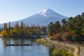 Scenic view of Oike Park with Fuji mountain background in autumn, Lake Kawaguchiko, Japan Royalty Free Stock Photo