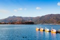 Lake Kawaguchiko Swan water bike boat and mountain view - Japan Royalty Free Stock Photo