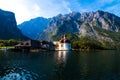 Lake Koenigsee with alpine views and st. Bartholoma Church Royalty Free Stock Photo