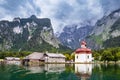 Lake Koenigssee with pilgrimage church Saint Bartolomew in the Berchtesgaden Alps, Germany