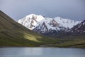 Lake Kol Akok and high mountain peaks in the Tian Shan mountain range of Kyrgyzstan