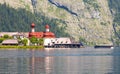 Lake of KÃÂ¶nigsee with st Bartholoma church Royalty Free Stock Photo