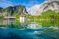 Lake KÃÂ¶nigssee with St. BartholomÃÂ¤ pilgrimage chapel in summer, Bavaria, Germany Royalty Free Stock Photo