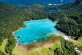 Lake Lago di Fusine Superiore Italy Alps. Aerial FPV drone flights.