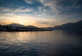 Lake lago Iseo, Lombardy, Italy. Town of Iseo harbour Royalty Free Stock Photo