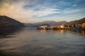 Lake lago Iseo, Lombardy, Italy. Town of Iseo harbour Royalty Free Stock Photo