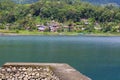 Lake landscape blue water, hill view from the top. Clear sky with green wood. Large panorama while travelling Royalty Free Stock Photo