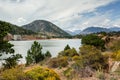 Lake landscape in summer. Lash foliage on foreground Royalty Free Stock Photo