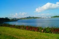 The lake landscape, under the blue sky and white clouds, is very beautiful Royalty Free Stock Photo