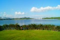 The lake landscape, under the blue sky and white clouds, is very beautiful Royalty Free Stock Photo