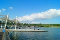 The lake landscape, under the blue sky and white clouds, is very beautiful Royalty Free Stock Photo