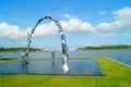 The lake landscape, under the blue sky and white clouds, is very beautiful Royalty Free Stock Photo