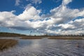 The lake landscape with waves in autumn and blue sky with clouds in windy day Royalty Free Stock Photo