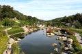 Lake in landscaped park in Japanese style. Beautiful landscape design, lake, wooden gazebos, red bridge. Aerial view of park from Royalty Free Stock Photo