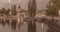 Lake Leman and castle Ouchy at morning. Sephia Royalty Free Stock Photo