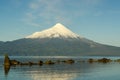 Lake Llanquihue with the Osorno volcano in the background during the summer in southern Chile.