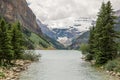 Lake Louise, Banff National Park, Alberta, Canada. Rocky Mountain. landscape panorama - forest, scenic blue lake. Royalty Free Stock Photo