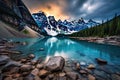 Lake Louise in Banff National Park, Alberta, Canada at sunset, Long Exposure photo of Lake Moraine, Banff National Park, AI