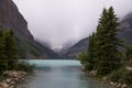 Lake Louise, Banff National Park, Alberta, Canada tourism. Snow covered Rocky Mountain lake landscape panorama without peopl Royalty Free Stock Photo