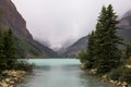 Lake Louise, Banff National Park, Alberta, Canada tourism. Snow covered Rocky Mountain lake landscape panorama without peopl Royalty Free Stock Photo