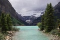 Lake Louise, Banff National Park, Alberta, Canada tourism. Snow covered Rocky Mountain lake landscape panorama without peopl Royalty Free Stock Photo