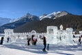 LAKE LOUISE, CANADA - FEBRUARY 18 2019: People enjoying the winter outdoors on the frozen Lake Louise, Alberta, Canada